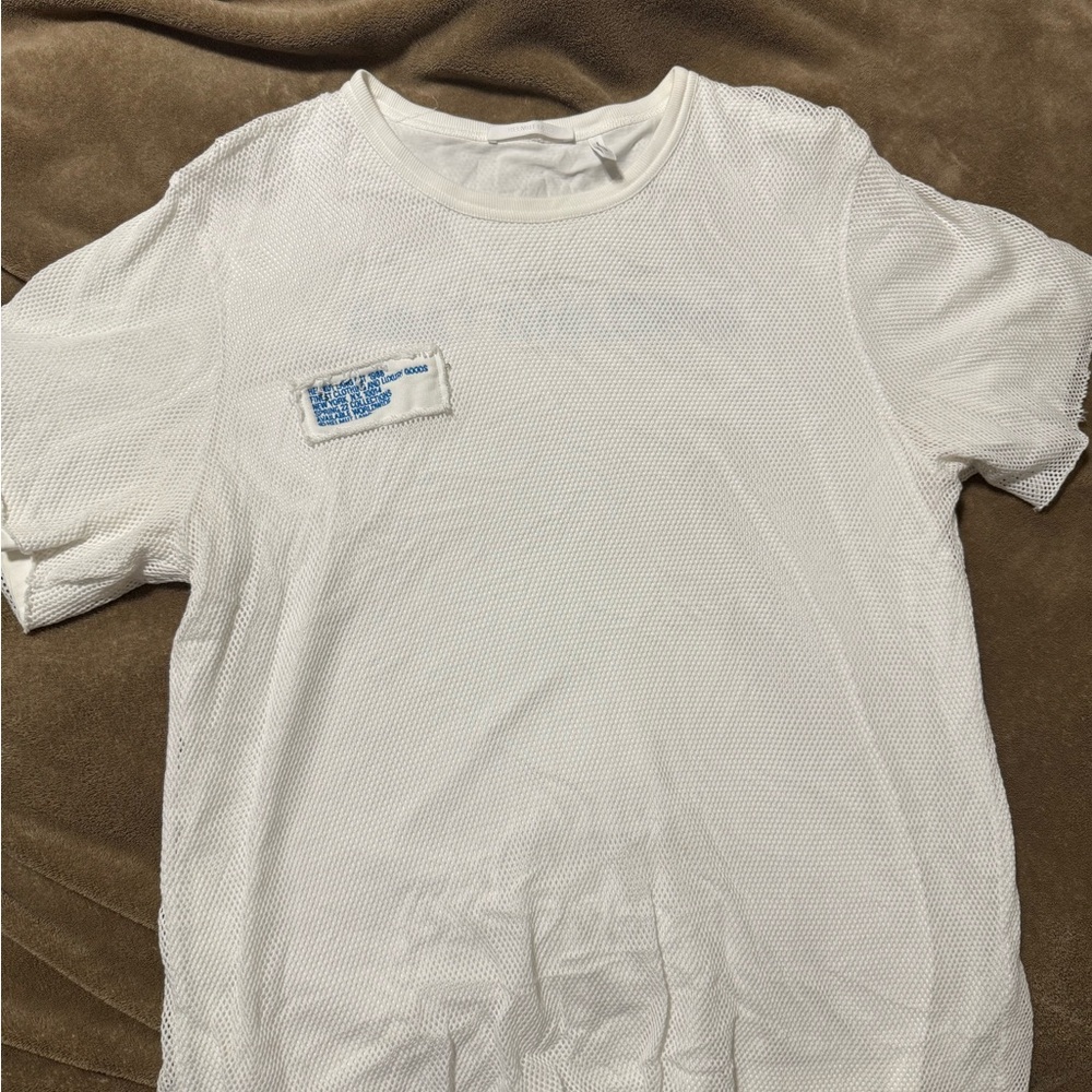 White Mesh T-Shirt with Blue Patch